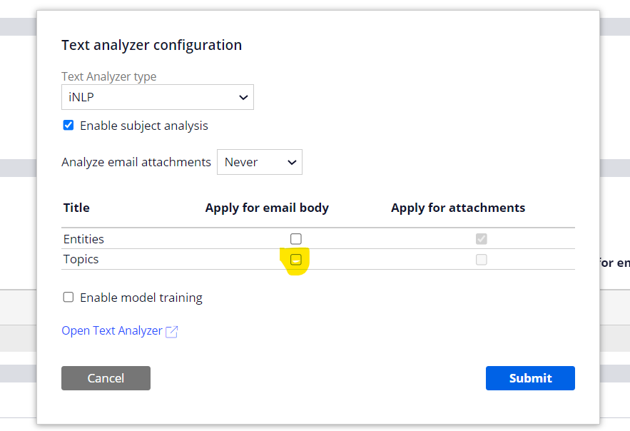 Text analyzer throws exception when email body is unchecked Support